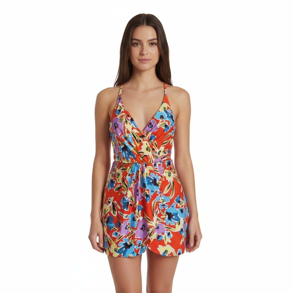 NWOT Anne Cole Red Floral Wrap Front Swim Dress One Piece Size 8